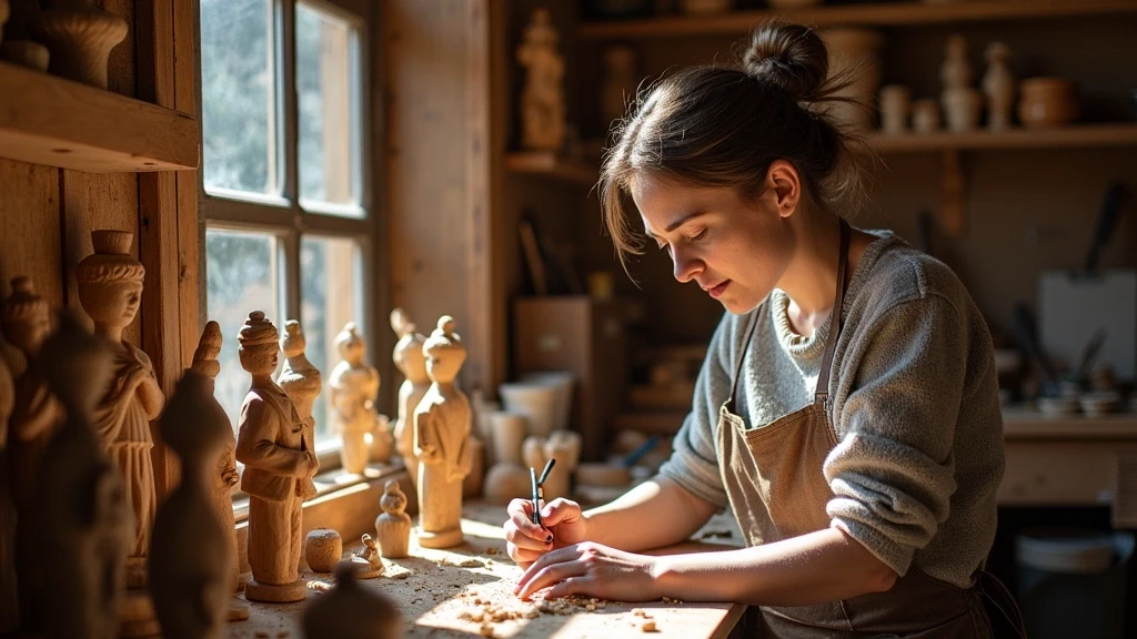Handwerkerin schnitzt traditionelle holzfiguren in werkstatt in ortisei mit sonnenlicht