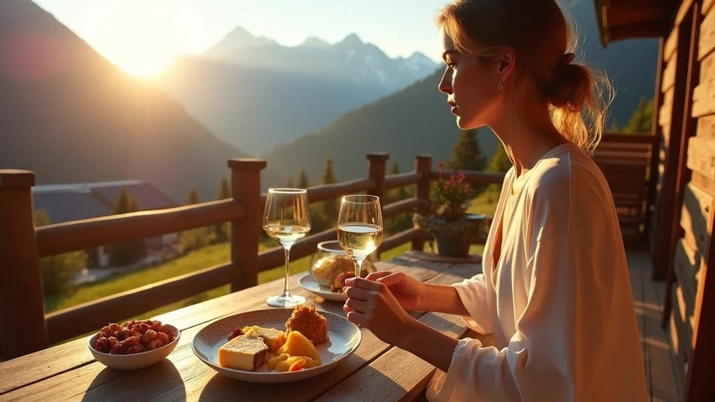 Elegante Frau geniesst suedtiroler spezialitaeten auf balkon mit dolomiten-blick in ortisei