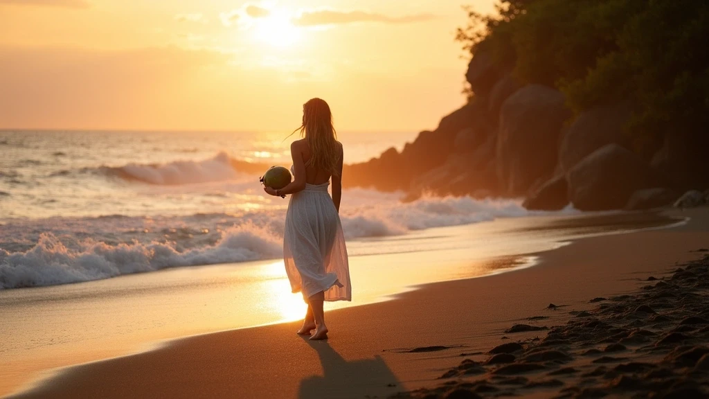 Elegante Frau auf schwarzem Sandstrand im Osa Peninsula Costa Rica bei Sonnenuntergang mit Kokosnuss
