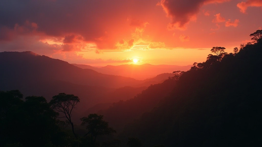 Sonnenuntergang über Corcovado Nationalpark im Osa Peninsula Costa Rica mit riesigen Ceiba-Bäumen
