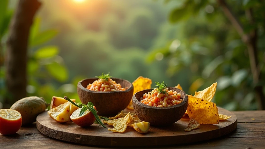 Kostarikanische Cuisine auf Holztisch im Osa Peninsula mit Ceviche und tropischen Früchten
