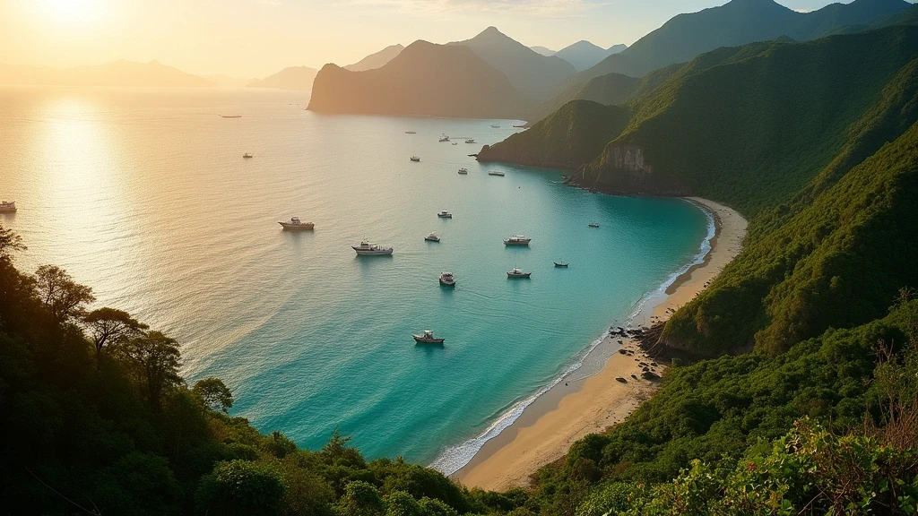 Panoramablick auf Drake Bay im Osa Peninsula Costa Rica zur goldenen Stunde mit türkisfarbenem Wasser