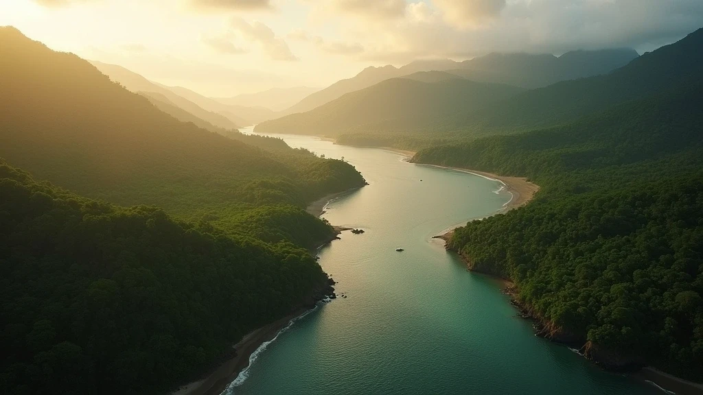 Dramatische Luftaufnahme des Osa Peninsula Regenwalds und Pazifikküste zur goldenen Stunde in Costa Rica