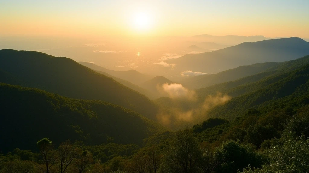 Goldene Stunde am Mount Ikoma mit Blick auf Osaka, Japan, bewaldete Huegel