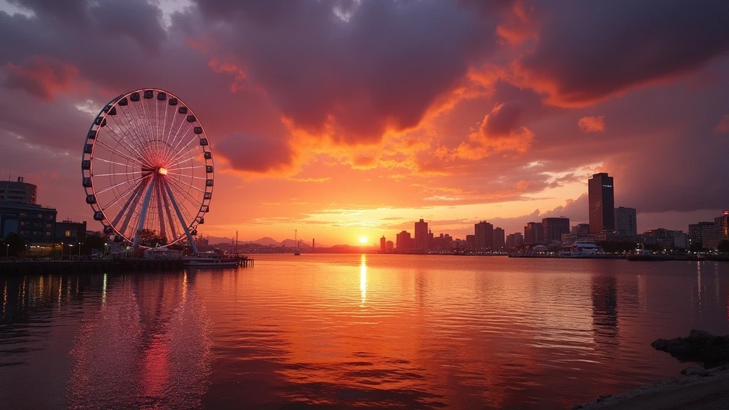 Sonnenuntergang ueber der Osaka Bucht mit Tempozan Riesenrad in Japan