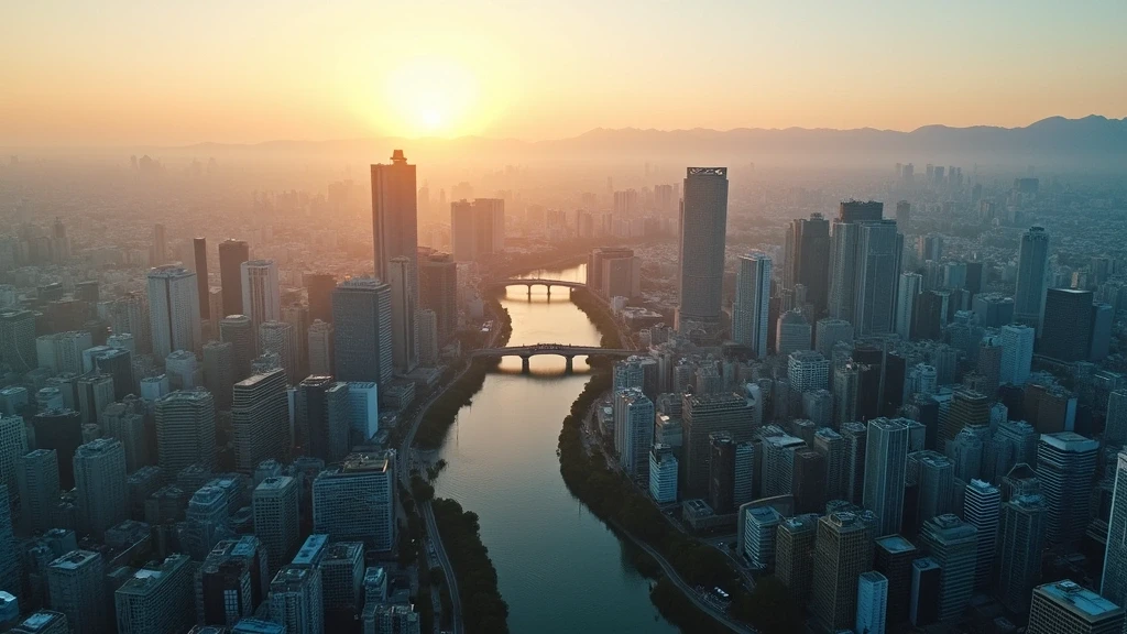 Luftaufnahme von Osaka, Japan, mit Osaka Castle und Yodo Fluss zur goldenen Stunde