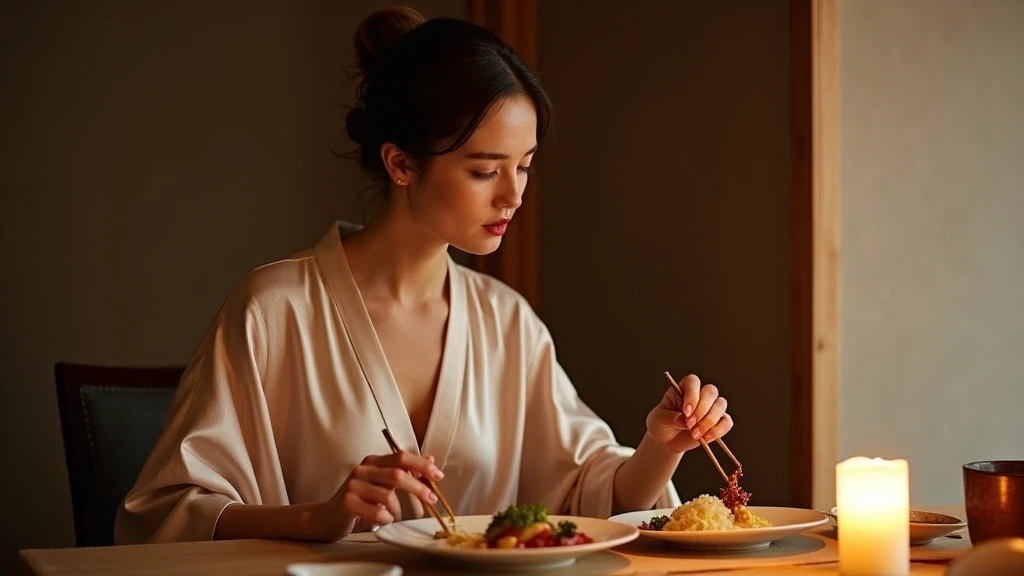 Elegante Frau geniesst Kaiseki-Menue in Ryokan in Osaka, Japan