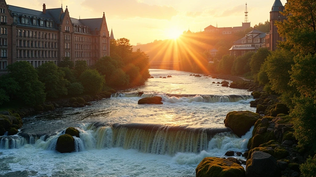Goldene Stunde am Akerselva Fluss in Oslo mit Wasserfaellen und historischen Gebaeuden