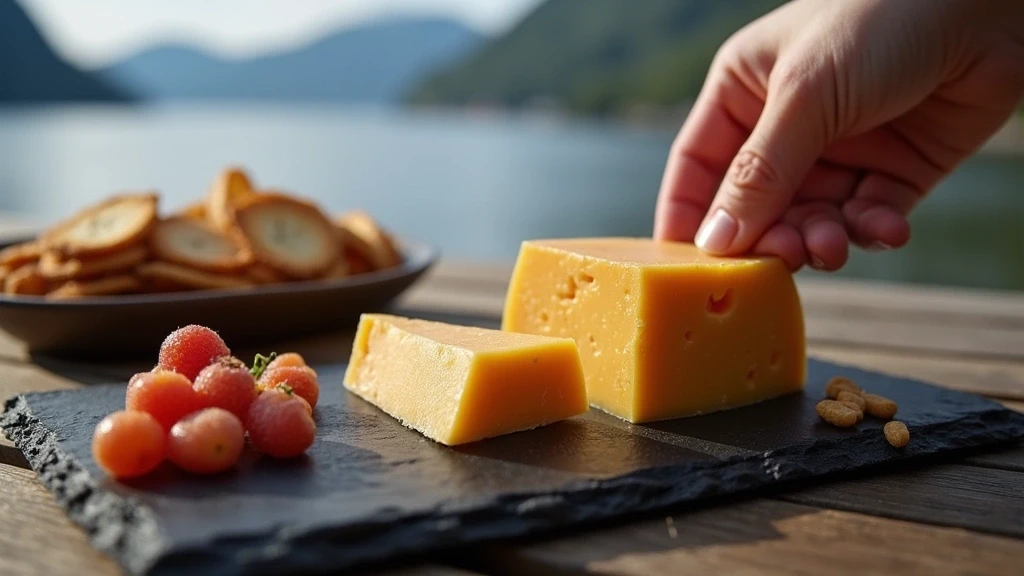 Traditioneller norwegischer Brunost mit Moltebeeren auf Holzplatte in Oslo