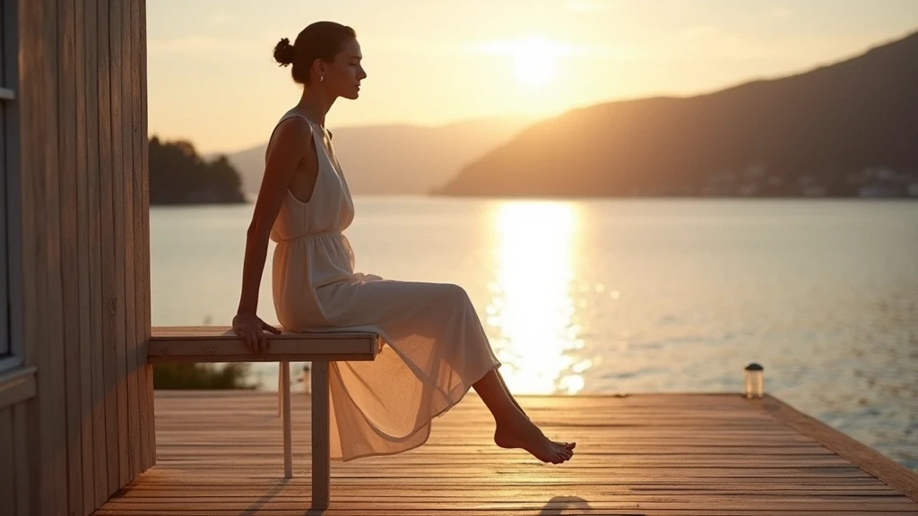 Elegante Frau auf Holzterrasse mit Blick auf Oslofjord in Oslo zur goldenen Stunde