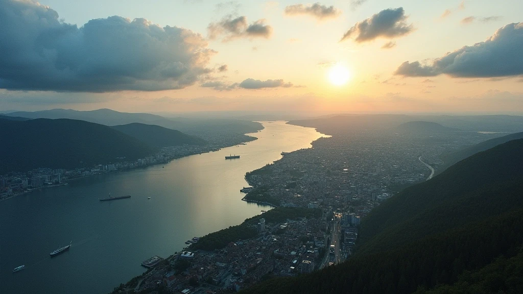 Luftaufnahme des Oslofjords mit Oslo-Skyline zur goldenen Stunde in Norwegen