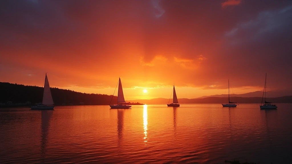 Sonnenuntergang ueber dem Oslofjord in Oslo mit Segelboot-Silhouetten