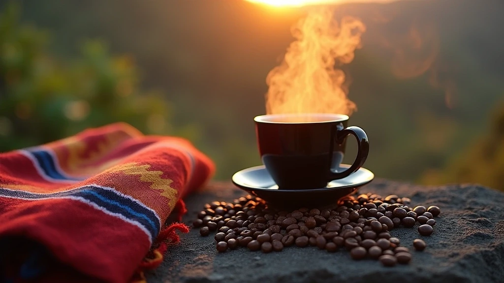 Traditionelle guatemaltekische Textilien und Kaffee auf vulkanischem Gestein in Pacaya