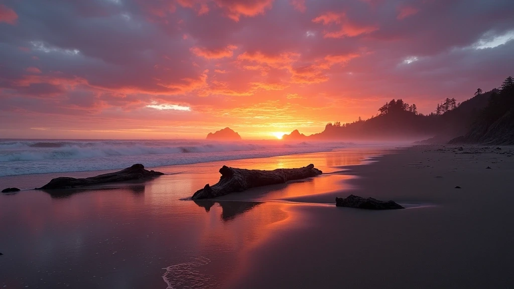 Sonnenuntergang am Long Beach im Pacific Rim National Park Reserve mit Gezeitenpools