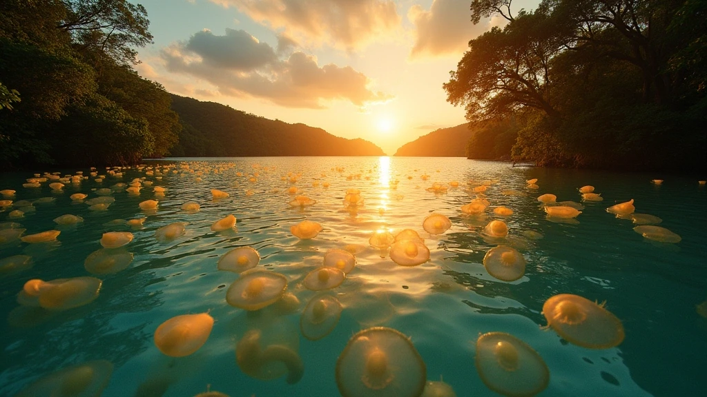 Sonnenuntergang am Jellyfish Lake in Palau mit goldenen Quallen und dramatischem Licht