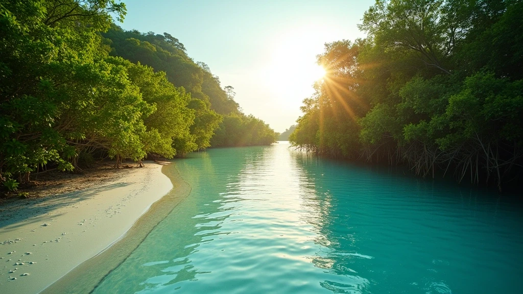 Goldene Stunde am Milky Way Lagoon in Palau mit tuerkisfarbenem Wasser und Mangroven