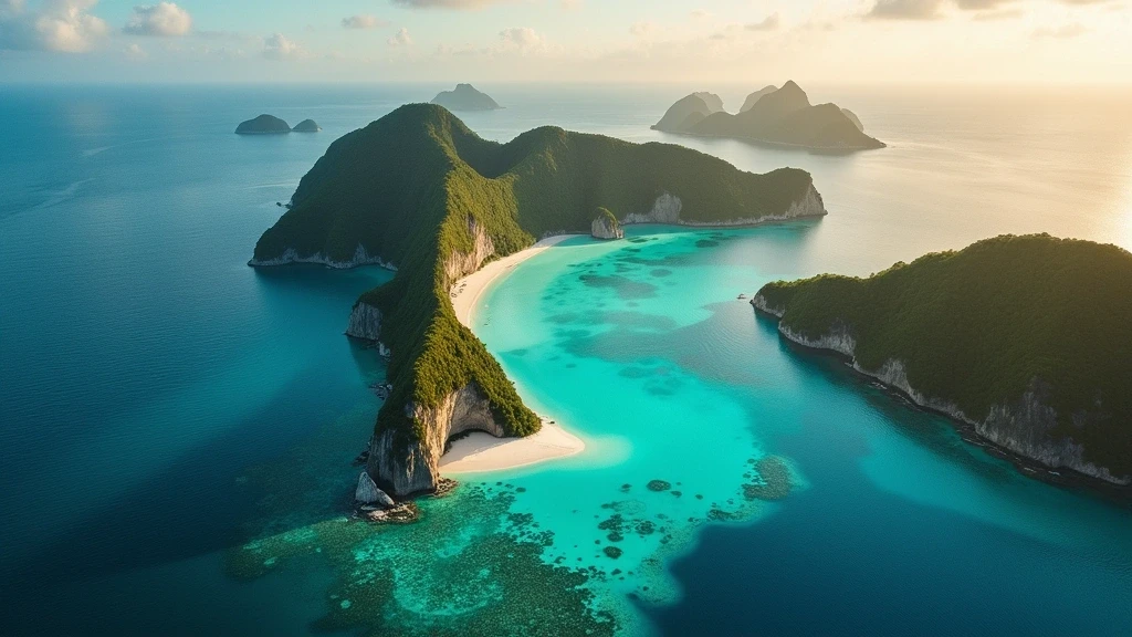 Luftaufnahme der Rock Islands Southern Lagoon in Palau zur goldenen Stunde mit Kalksteininseln und Korallenriffen
