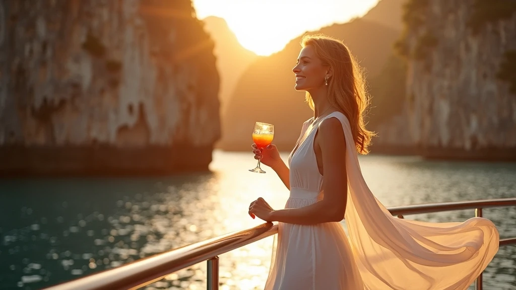 Elegante Frau auf Luxusboot in Palawan bei Sonnenuntergang mit Blick auf Kalksteinklippen