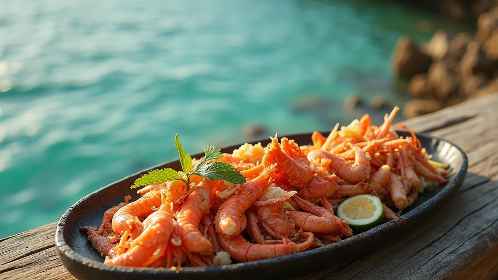 Gourmet-Meeresfrüchte-Platte in Palawan mit Blick auf türkisfarbenes Wasser zur goldenen Stunde