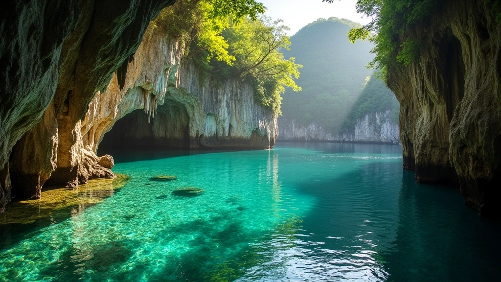 Panoramablick auf versteckte Lagune mit Unterwasserhöhlen in Palawan zur goldenen Stunde