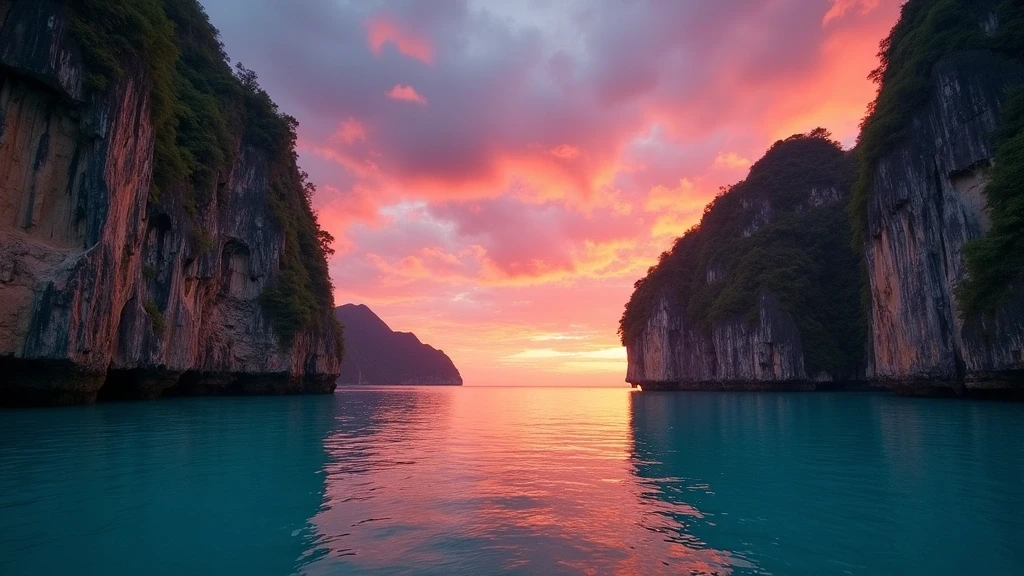 Sonnenuntergang über den Kalksteinklippen von Palawan mit Spiegelung im türkisfarbenen Wasser