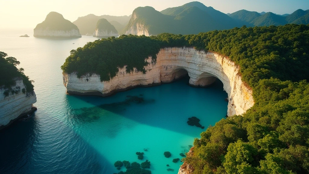 Luftaufnahme der Kalkstein-Karstformationen und Unterwasserhöhlen in Palawan zur goldenen Stunde
