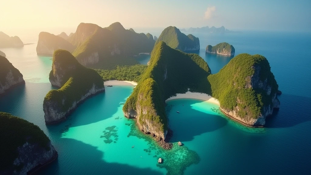 Dramatische Luftaufnahme der Kalksteinfelsen und Lagunen von Palawan zur goldenen Stunde
