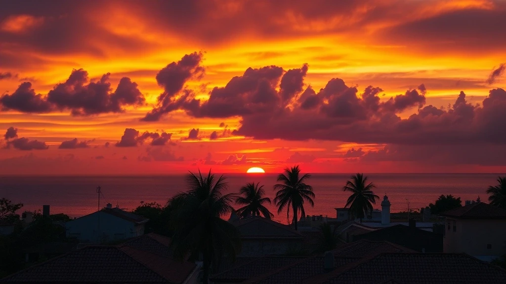 Sonnenuntergang ueber dem Pazifik von Casco Viejo aus gesehen mit kolonialer Architektur