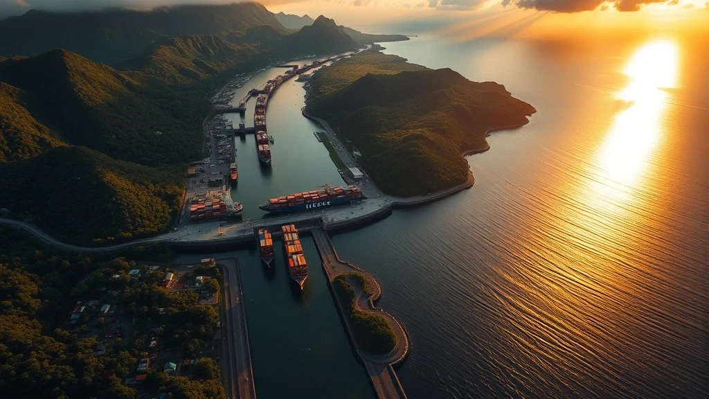 Luftaufnahme des Panamakanals zur goldenen Stunde mit Containerschiffen und tropischem Regenwald
