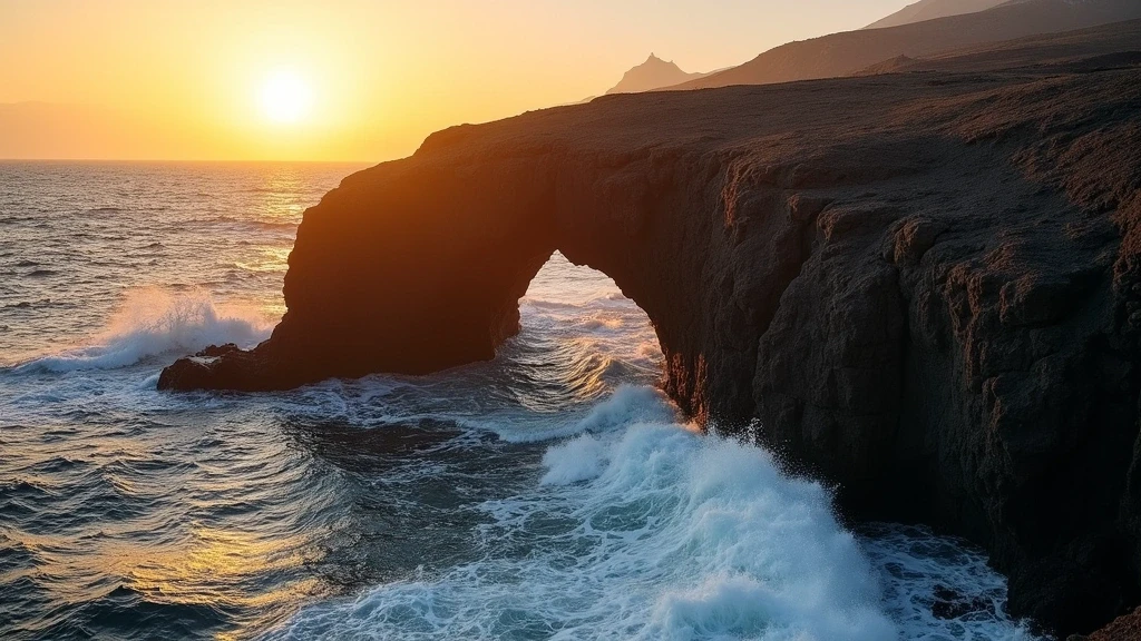 Goldene Stunde am Arco dell'Elefante, einem natuerlichen Lavabogen auf Pantelleria im Mittelmeer
