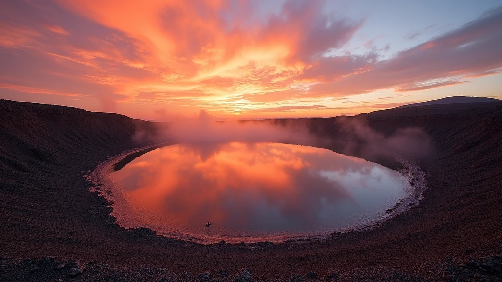 Sonnenuntergang ueber dem Specchio di Venere Kratersee auf Pantelleria mit thermischen Wassern und Dampf