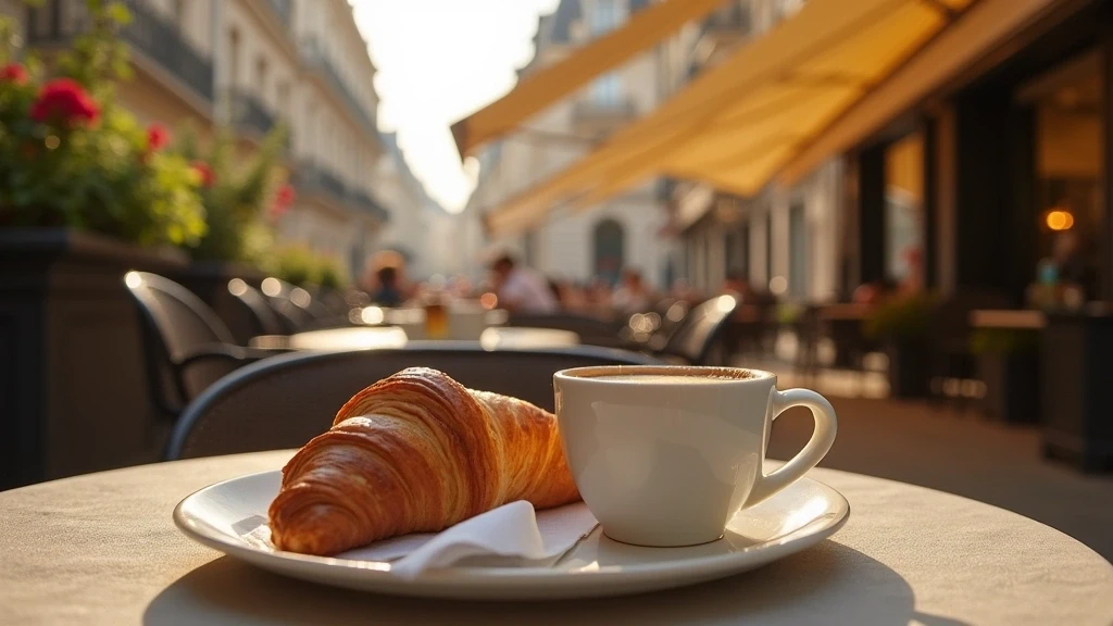 Croissant und Cafe au Lacht auf Pariser Cafeterrasse zur goldenen Stunde