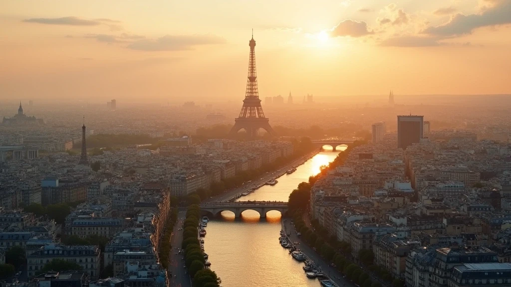 Luftaufnahme des Eiffelturms und der Seine in Paris zur goldenen Stunde