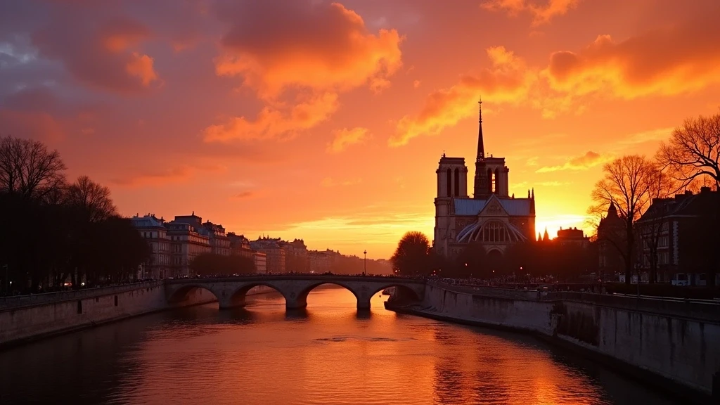 Sonnenuntergang ueber der Seine mit Notre-Dame in Paris