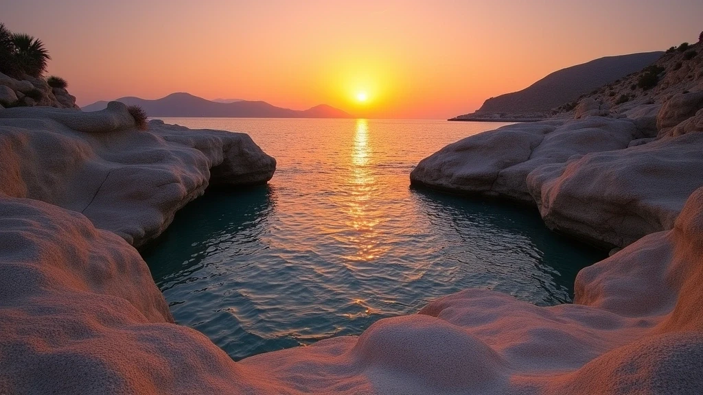 Sonnenuntergang über den Granitfelsen von Kolymbithres Strand auf Paros