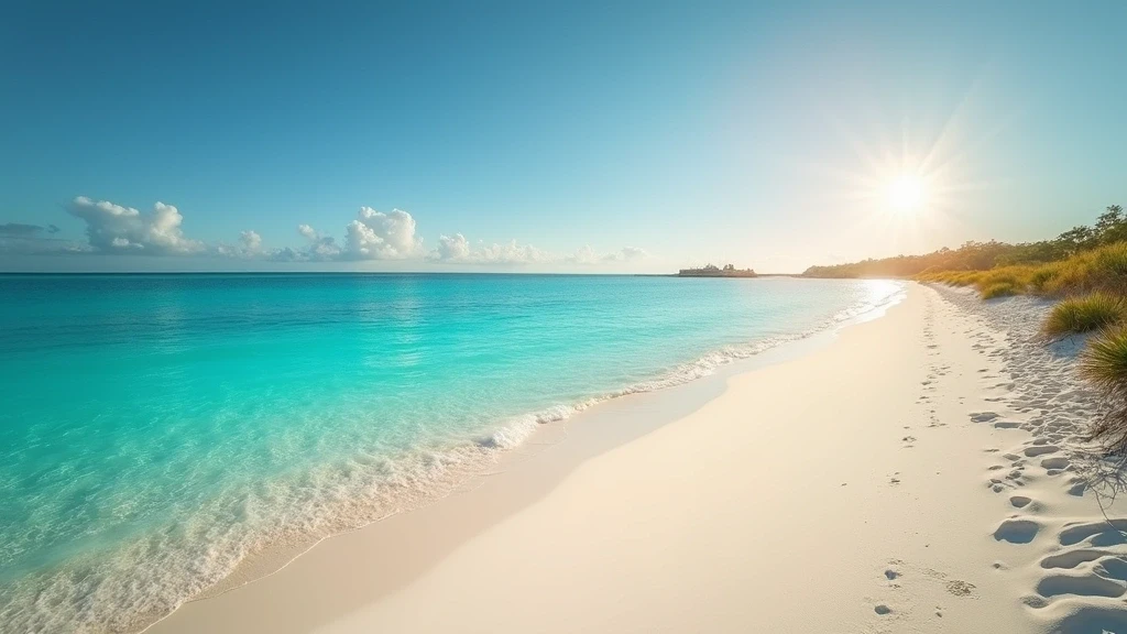 Panoramablick auf den endlosen weissen Sandstrand von Parrot Cay zur goldenen Stunde