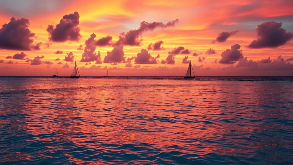 Dramatischer Sonnenuntergang ueber den tuerkisfarbenen Flachwasserzonen von Parrot Cay