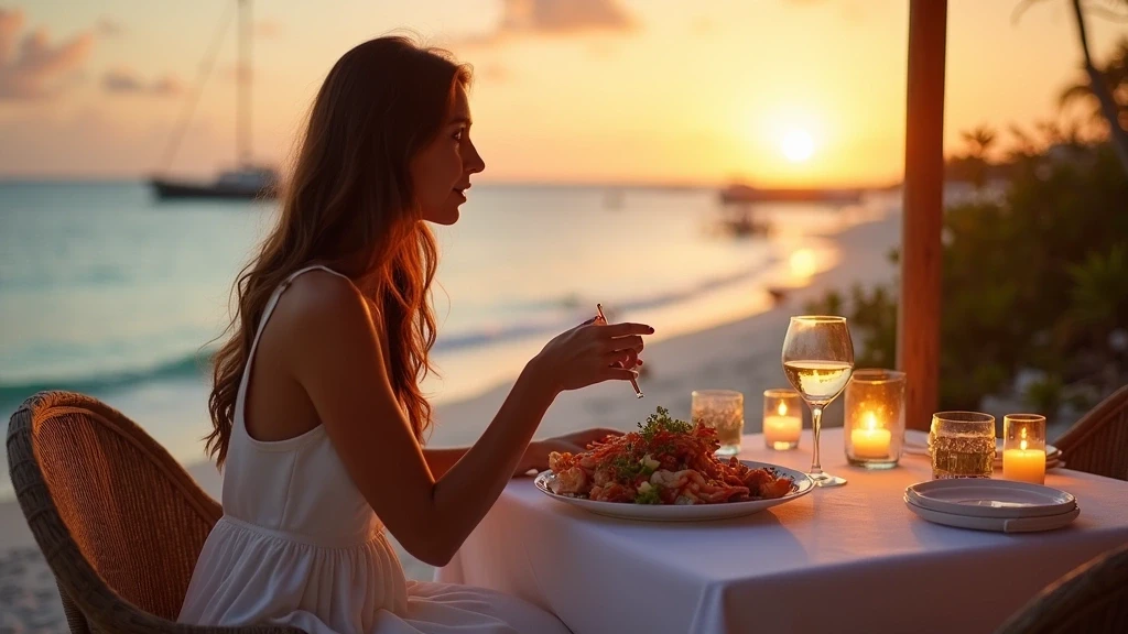 Elegante Frau geniesst Meeresfruechte-Dinner am Strand von Parrot Cay bei Sonnenuntergang