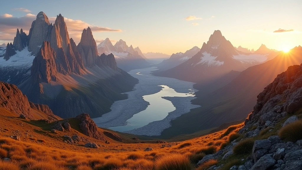Panoramablick auf das Franzosen-Tal in Patagonien zur goldenen Stunde