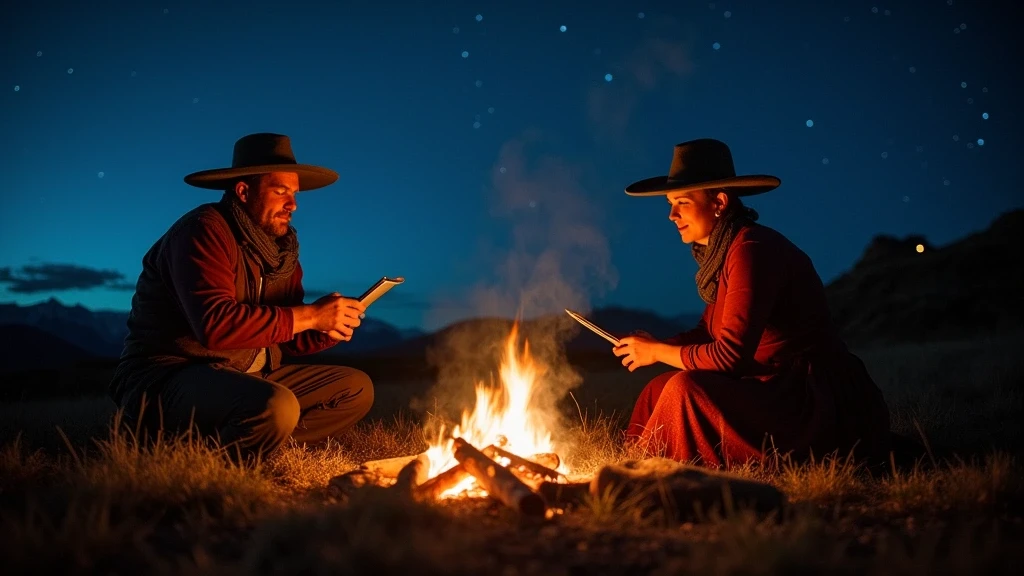 Lokale Gaucho-Fuehrerin in Patagonien am Lagerfeuer unter Sternenhimmel