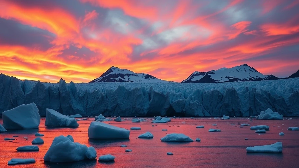 Sonnenuntergang ueber dem Grey Gletscher in Patagonien mit Eisbergen