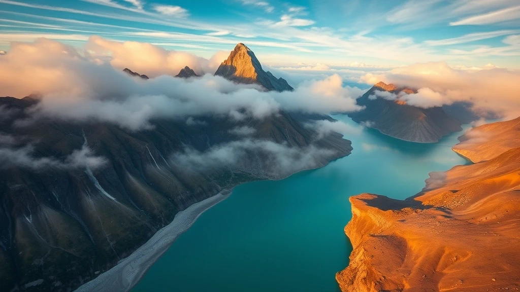 Luftaufnahme der Torres del Paine in Patagonien zur goldenen Stunde mit Gletscherseen