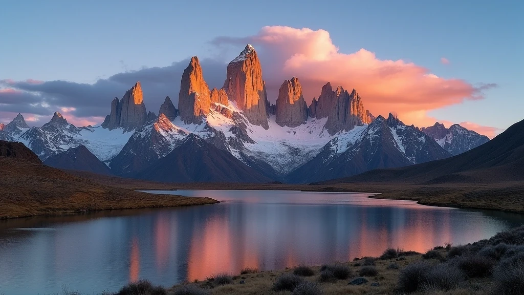 Cerro Fitz Roy in Patagonien bei Sonnenaufgang mit goldenem Licht auf Granitgipfeln und Alpenseen