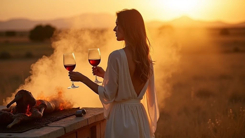 Elegante Frau geniesst traditionelles Asado auf einer Estancia in Patagonien zur goldenen Stunde