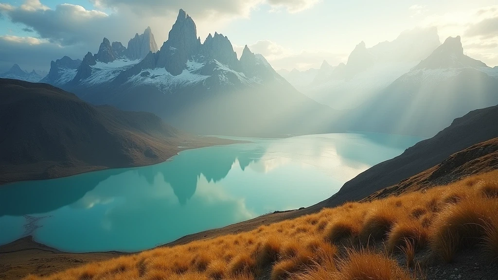 Luftaufnahme der Torres del Paine in Patagonien zur goldenen Stunde mit Granitgipfeln und Gletscherseen