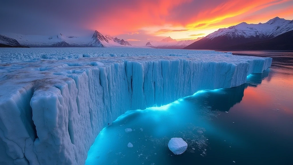 Perito-Moreno-Gletscher in Patagonien bei Sonnenuntergang mit Eisabbruch und farbigen Reflexionen