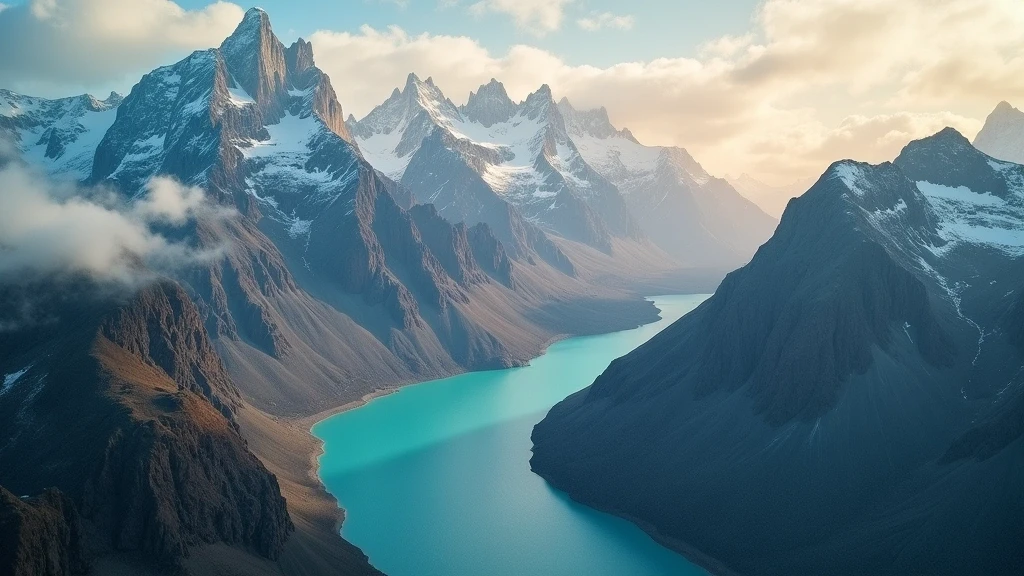 Luftaufnahme der Fitz Roy-Bergkette und tuerkisfarbenen Gletscherseen in Patagonien zur goldenen Stunde