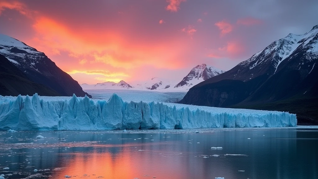 Sonnenuntergang ueber dem Perito Moreno Gletscher in Patagonien mit dramatischem Himmel