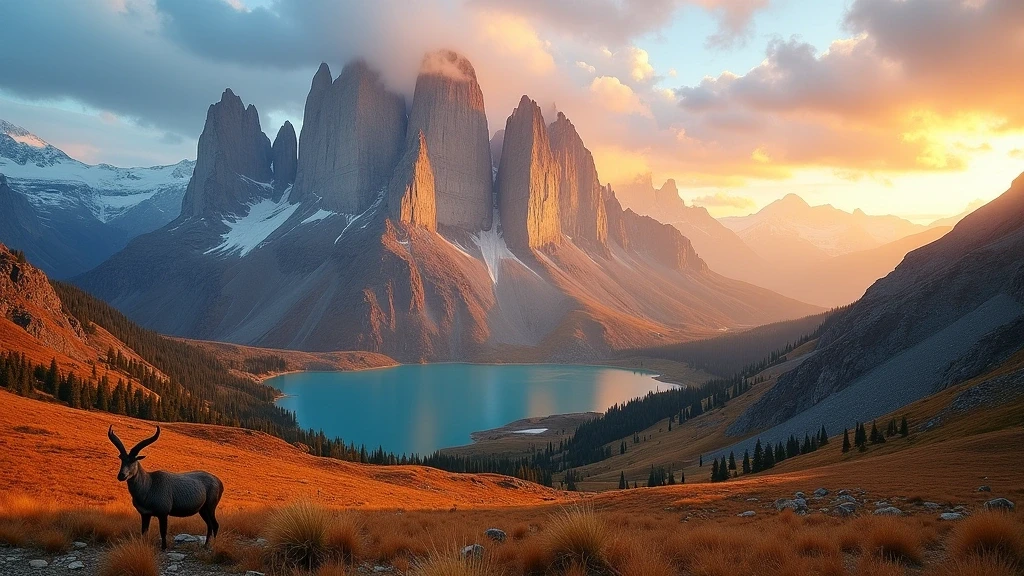 Panoramablick auf die Torres del Paine in Patagonien zur goldenen Stunde mit Guanacos