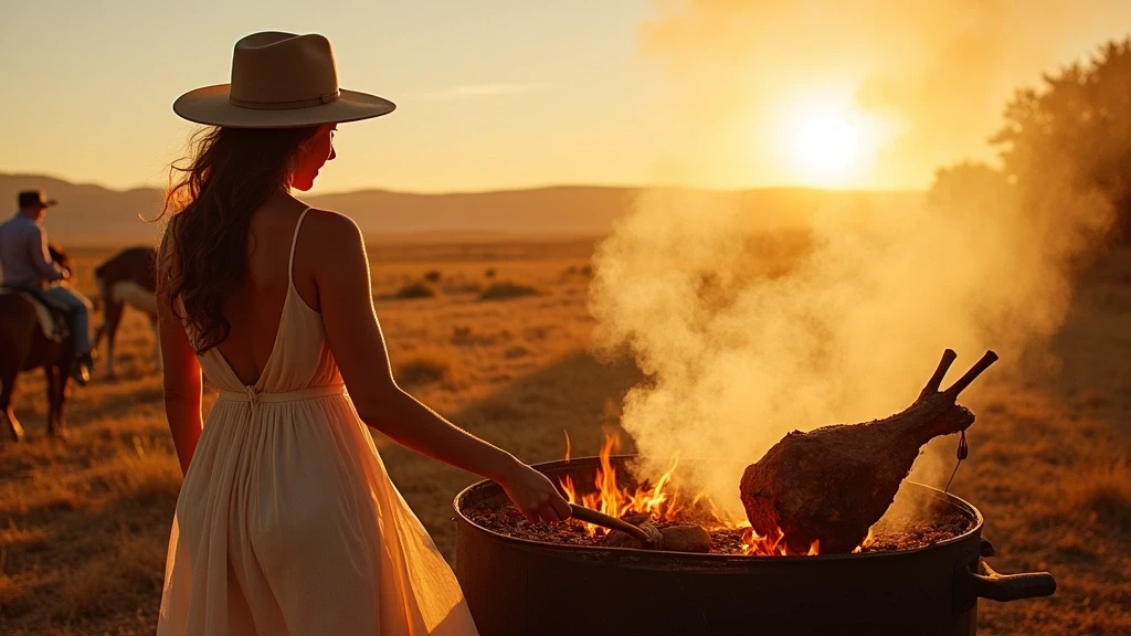 Elegante Frau geniesst traditionelles Asado auf einer Estancia in Patagonien